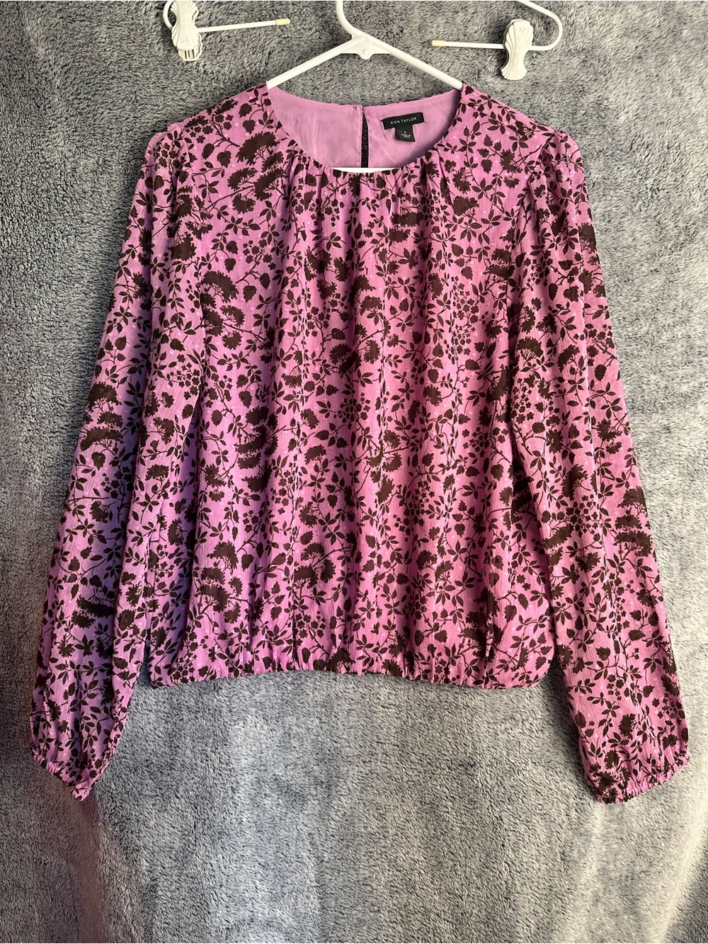Ann Taylor Pink and Burgundy Floral Long-Sleeve Blouse